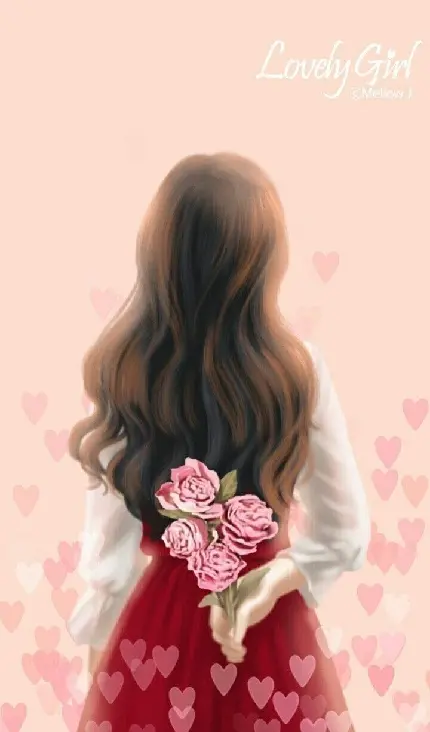 تصویر دختر باکلاس با دامن قرمز رنگ و دستە گلی زیبا پشت سرش مناسب تلگرام