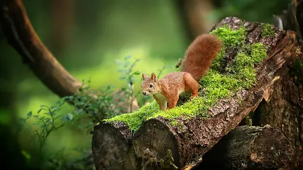 والپیپر و بک گراند کیوت خاص گوشی از سنجاب بازیگوش روی تکە چوب شکستە در طبیعت