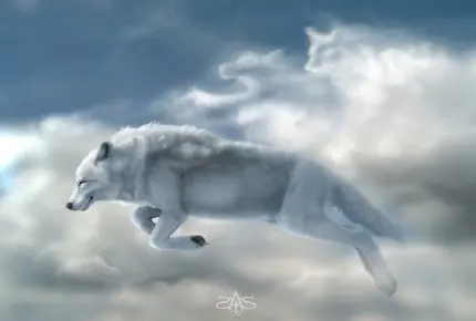تصویر گرافیکی شگفت انگیز از گرگ سفید در آسمان ابری