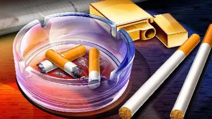 دانلود والپیپر فانتزی یونیک از دود 3 سیگار زیر سیگاری شیشەای و فندک طلایی رنگ و دو سیگار خام