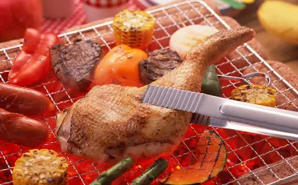 دانلود تصویر استوک باکیفیت ممتاز از کباب ران مرغ باصفا، همراه گوشت و بلال، فلفل دلمه ای قرمز، مارچوبه بر روی توری کباب پز