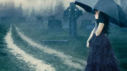 وکتور انیمە گریە‌دار از دختر لباس چین‌دار با چتری مشکی رنگ در باران انیمەای و جادە قبرستان قدیمی