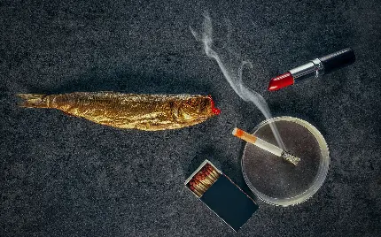وکتور کلاژ رنگی از رژ لب قرمز رنگ و ماهی طلایی و بستە کبریت و زیر سیگاری با دود سیگار