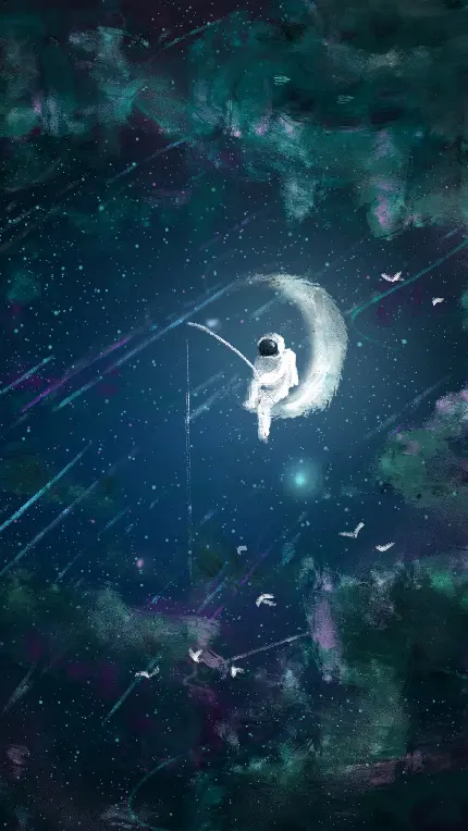 دانلود عکس فانتزی و زیبا ماهیگیری فضانورد در کهکشان پرستاره آبی با کیفیت HD
