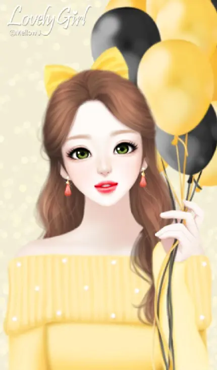 تصویر استوک دختر دلربا با بادکنک‌های مشکی و زرد در دستش و لباس زرد رنگ و موهای زیبا