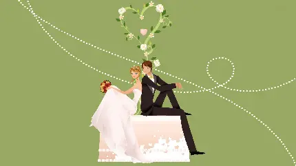 پس زمینە پر شور از عروس و داماد نشستە روی کیک با قلب سبز پشت سرشان