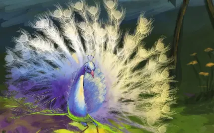عکس فانتزی چند رنگ از یک طاووس به رنگ آبی بنفش و پرهای سفید