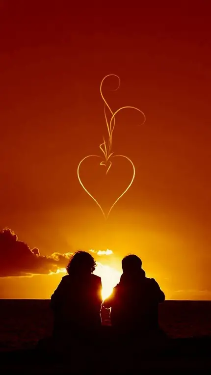 پوستری فانتزی از عروس و داماد عاشق جوان نشستە در غروب آفتاب