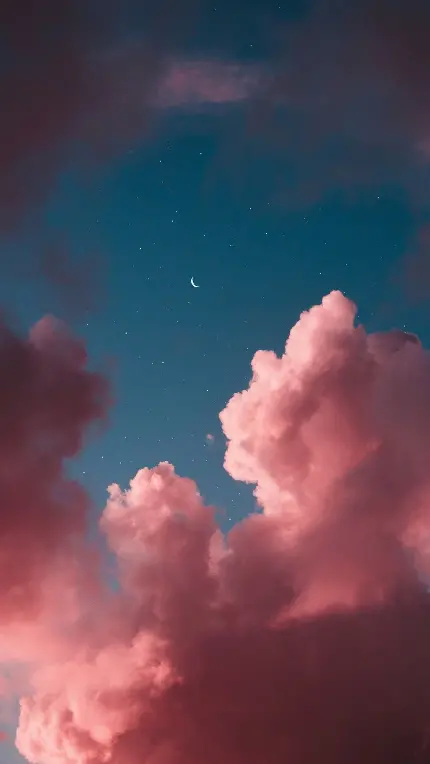 تصویر زمینە دلفریب خاص گوشی اپل از آسمان آبی نیلی متالیک رنگ و ابرهای صورتی رنگ و هلال ماە زیبا باکیفیت HD