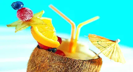 جذاب ترین تصویر نوشیدنی دلچسب و خنک در سواحل داغ با ظرفی از پوسته ی نارگیل با کیفیت فوق العاده
