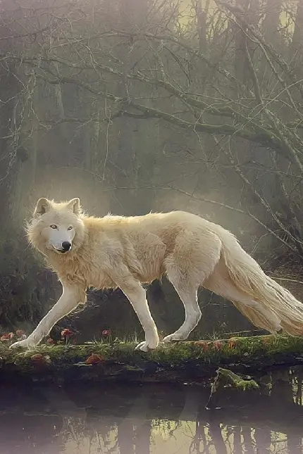 تصویر تماشایی از گرگ سفید در جنگل با کیفیت بالا 