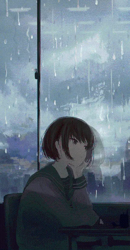 تصویر استوک انیمە از دختر دلتنگ و دست زیر چانە گذاشتە در کنار پنجرە شیشەای در باران انیمەای