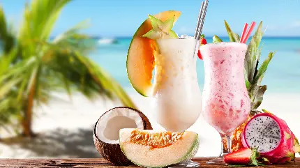 عکس جالب از نوشیدنی های تابستانی ملس و خوشرنگ در فضای ساحل دریا با کیفیت فول اچ دی