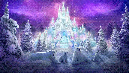 نمای HD برفی از قلعه خرس های قطبی در دنیای جادویی