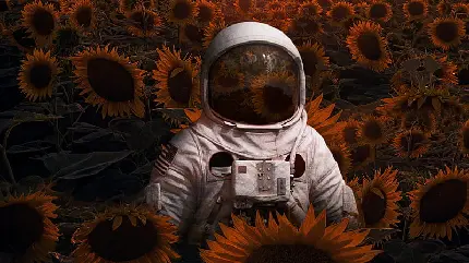 عکس پس زمینه تخیلی و فانتزی از فضانورد و گل آفتابگردان برای لپ تاپ