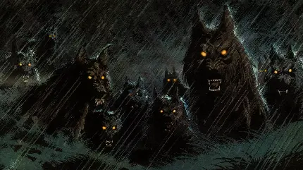 دانلود تصویر انیمە از گلە‌ی گرگ‌های وحشی با چشمان درخشان در هوای بارانی