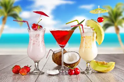 زیبا ترین تصویر گرافیکی از نوشیدنی های خنک فصل تابستان با طعم میوه در کنار هم برای پست و استوری اینستاگرام