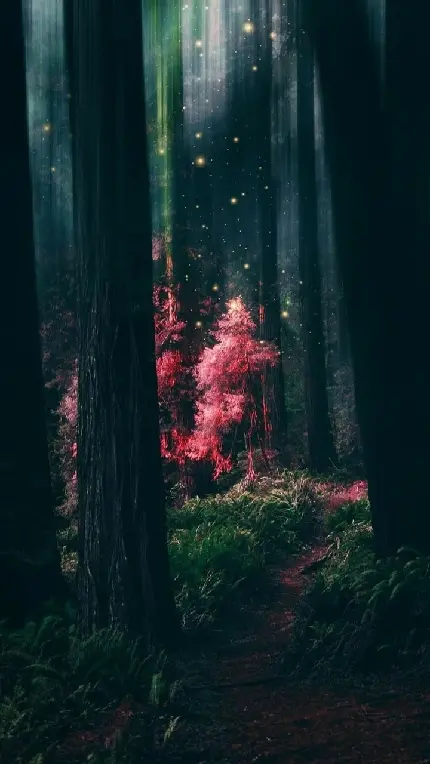 تصویر گرافیکی منحصر به فرد از درخت صورتی در دل جنگل سبز 