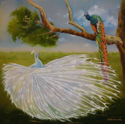 تصویر فانتزی و نقاشی از دو طاووس یکی رنگی روی درخت و دیگری سفید مرواریدی