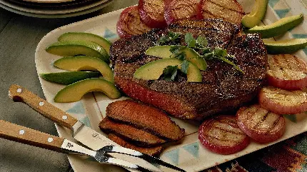 تصویر غذای گوشتی شامل یک تکه استیک آبدار به همراه آواکادو و پیاز 