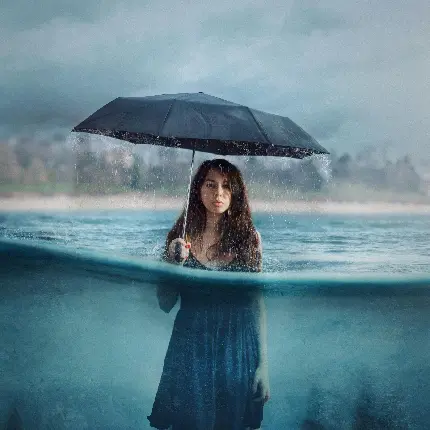 عکس زمینە تخیلی از دختری با چتری در دست و تا گردن در آب فرو رفتە در هوای باران واقعی