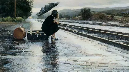دختر غمگین زیر باران در انتظار قطار برای پروفایل تلگرام 