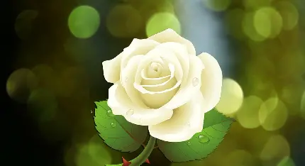 تصویر فانتزی خوشکل از گل رز سفید با برگ سبز و تیغ قرمز با قطرات شبنم