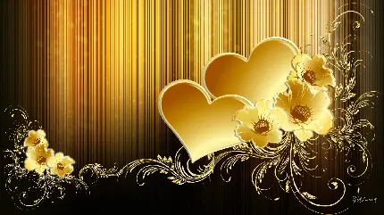 پس زمینە دلپسند کارت پستالی با طرح زیبا از گل‌های طلایی رنگ و دو قلب