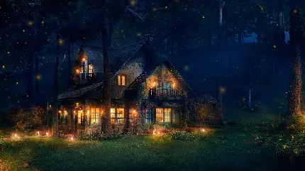 منظره استثنایی از خانه چوبی بزرگ و درخشان در شب