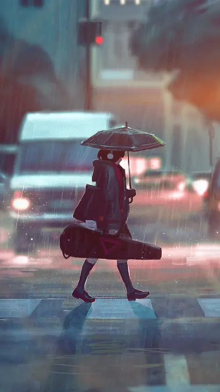 دانلود وکتور انیمە نوین از دختر نوازندە در باران انیمەای و در خیابان شلوغ باکیفیت بالا