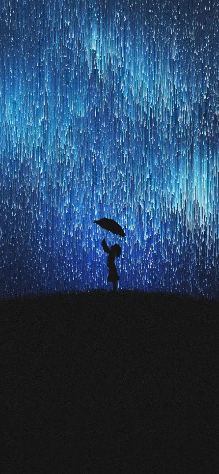 عکس استوک انیمە از دختر و چتری مشکی رنگ در باران انیمەای تگرگی آبی‌ و سفید رنگ