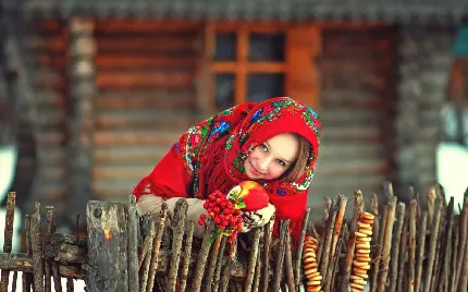 دانلود تصویر دلفریب از دختر روسی خوشگل با روسی قرمز رنگ کنار نردە چوبی باکیفیت hd خاص اینستاگرام