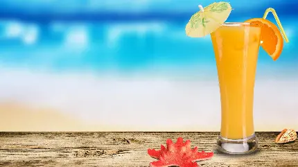 دانلود تصویر استوک نوشیدنی خوشمزه نارنجی رنگ با زمینه دریا با ویژه ترین کیفیت