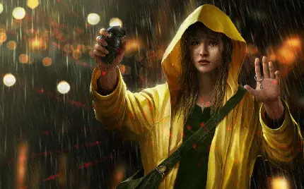 دانلود عکس استوک از دختر گریان بارانی پوش زرد رنگ با نارنجکی در دست در باران واقعی
