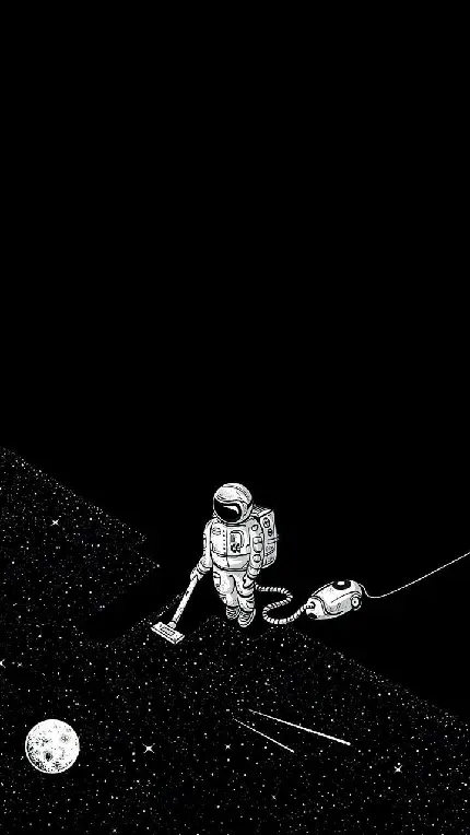 دانلود پس زمینه عجیب فضانورد در حال جارو کردن ستاره های کهکشان با تم سیاه سفید 