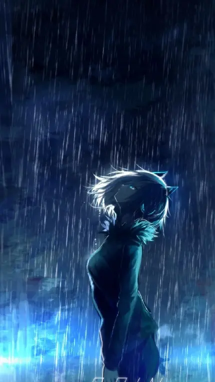 پوستر انیمە دختر افسردە گوش گربەای در باران انیمەای رگباری باکیفیت بالا