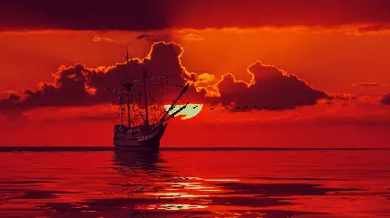نمای جالب از غروب سرخ خورشید در دریا برای زمینه ویندوز 12