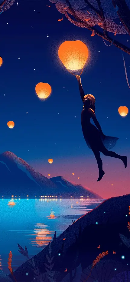 دانلود عکس انیمە ماورایی گوشی اندروید از دختری در حال پرواز با بالون آرزوها در طبیعت