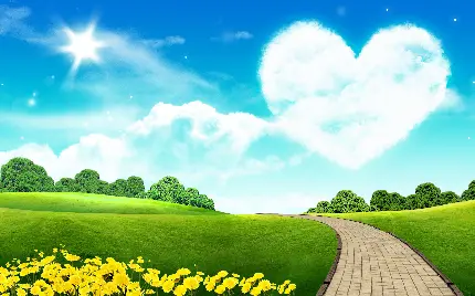 والپیپر طبیعت شاد با ابر قلبی کیوت در آسمان یک ایده برای فتوشاپ