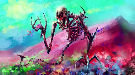 عکس دیجیتالی پربیننده از اسکلت انسان در دشت رنگارنگ 