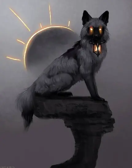 عکس فانتزی از روباه نقره ایی با چراغی روشن در دهان و چشمان روشن روی تختە سنگ مشکی