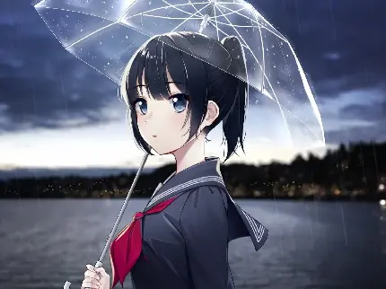 تصویر انیمه ای فوق العاده زیبا از دختر زیر باران با چتر 