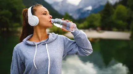 نمای دلچسب از دختر ورزشکار در حال نوشیدن آب با کیفیت HD 