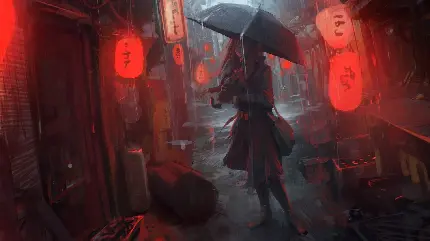 زمینە تار فانتزی بی‌کیفیت از دختری با چتری در دست در باران انیمەای در محلە چینی‌ها