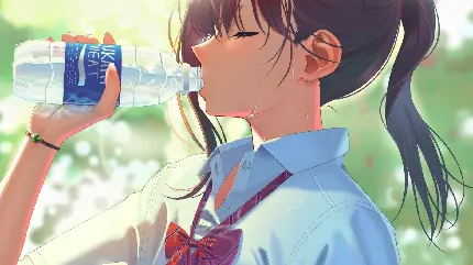 عکس انیمه تماشایی از دختر در حال نوشیدن آب در دل طبیعت 