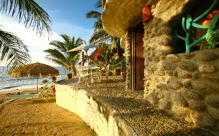 عکس خوشگل از خانه ساحلی ویلا و آفتابگیر با سبکی تازە و درختان نارگیل باکیفیت عالی