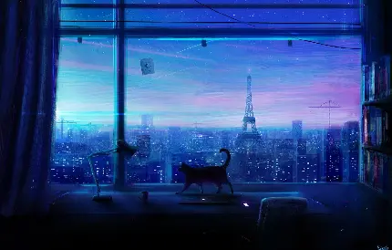 تصویر استوک با نمای رمانتیک از برج ایفل از پنجرە‌ای بزرگ بە تنهایی در شب و گربە‌ای مشکی خاص تبلت