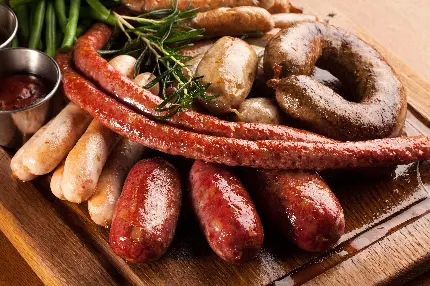 تصویر زمینە دلپذیر از غذای گوشتی سوسیس و هات داگ با تزیین ترخون