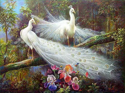 تصویر فانتزی عاشقانه از دو طاووس سفید در کنار درختان و گلها