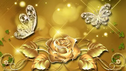 برترین عکس زمینە طلایی رنگ با گل رز طلایی و 2 پروانە قشنگ